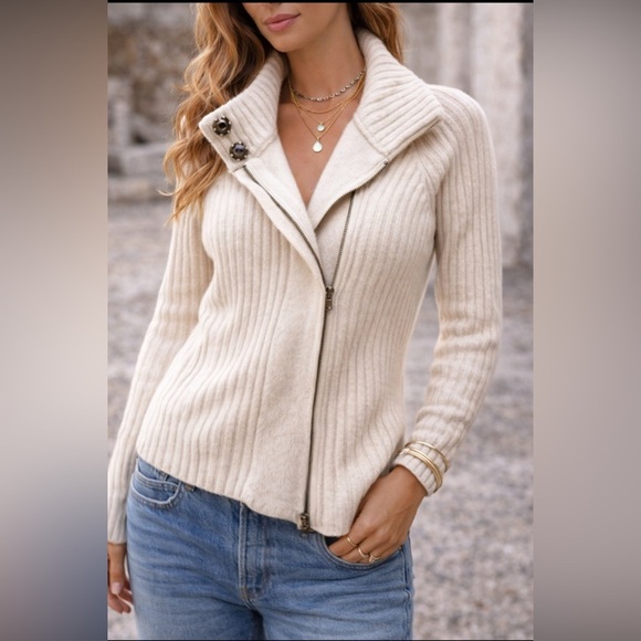 Polo Ralph Lauren Sweaters - Lauren Ralph Lauren 100% Lambswool Ribbed Zip Sweater Jacket Medium Cream